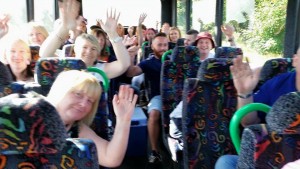 Apprentice Boys supporters from North Belfast all smiles before their bus pelted in sectarian attack