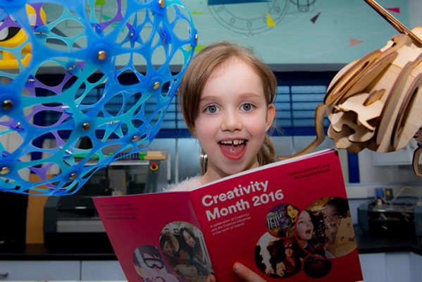 7 year old Ava Carlin from Derry~Londonderry gets creative at FabLab Nerve Centre to help launch the Creativity Month 2016 programme, celebrating creativity and the Creative Industries in the north of Ireland.