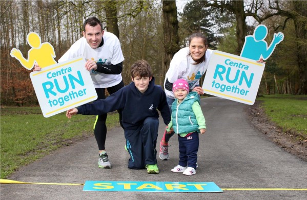 KEEP IT IN THE FAMILY: World Masters 800m champion Kelly Neely, gets a little help from husband Ian, 18 month daughter Sarah and 13 year old Oliver Gilmore to launch a new series of fun runs with one taking place in Derry. Centra Run Together Photographer Darren Kidd / Press Eye