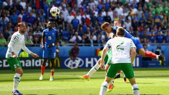 Antoine Griezmann heads home France's first goal and got a second minutes later