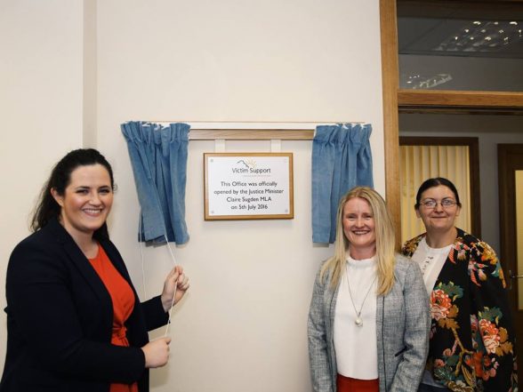 Justice Minister Claire Sugden officially launches Victim Support NI's new Foyle Hub with the charity's Chief Executive Geraldine Hanna and Vice-Chair Kate Laverty