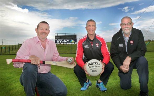 John B Farren (left) joins with Damian Barton and Derry chairperson, Brian Smith to launch a new corporate partnership between IMAC and Derry GAA. (Pic: Margaret McLaughlin)