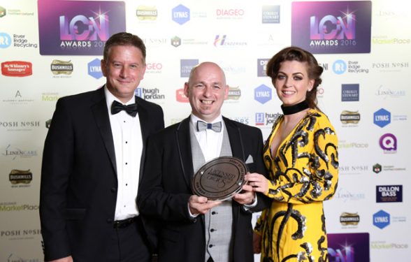 The Market Yard in Limavady won the Pub Food of the Year title. Pictured from left are David Jordan from sponsor, Henderson Foodservice and Anthony Doherty and Ilisha Thompson from The Market Yard.