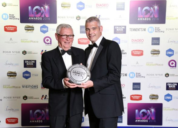 Secrets Nightclub in Magherafelt has been named Nightclub of the Year for the second consecutive year. Pictured here is category sponsor, Jim O’Neill (left) of Botl Wine and Spirits with Thomas Doherty from Secrets.
